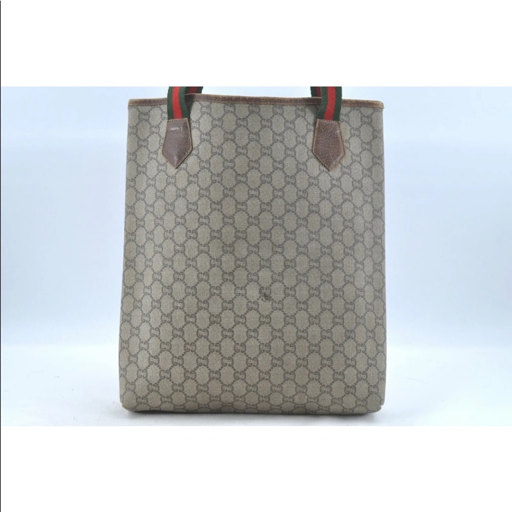 Auth GUCCI Plus Web Sherry Line GG Plus Shoulder Tote Bag PVC Leather Brown - Picture 2 of 13